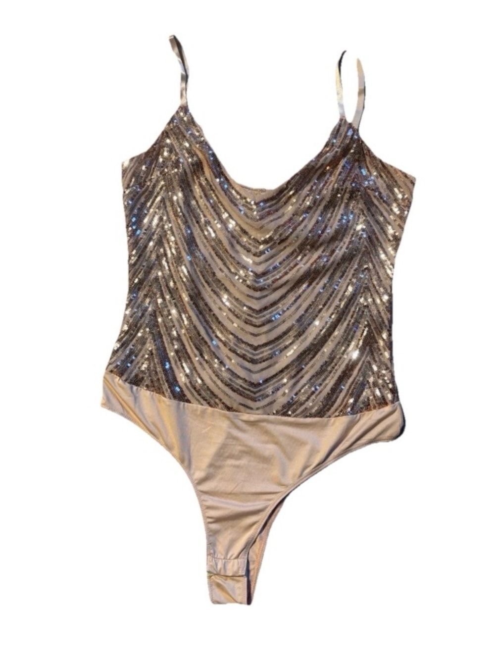 GUESS Beige & Gold Sequin Striped One-Piece Bodysuit Adjustable Straps Size L